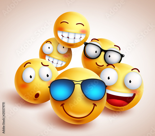 Fotografía Smiley face emoticons vector characters with funny group of cool friends of yellow smileys in different facial expressions