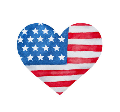 Heart shaped flag of Unites States of America. Stylized patriotic emblem, holiday decoration, sign, national symbol. Handdrawn water color graphic paint on white background, isolated clip art element.