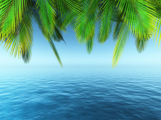 Wall Mural - 3D palm tree leaves over a blue ocean