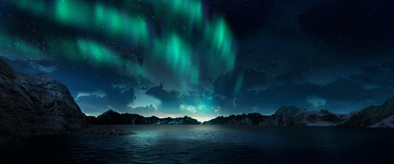 Wall Mural - a beautiful green aurora dancing over the hills. 3d render realistic.