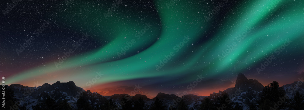 A beautiful green aurora dancing over the hills, panorama view. - obrazy, fototapety, plakaty 
