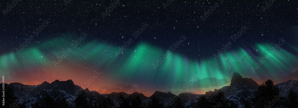 A beautiful green aurora dancing over the hills, panorama view. - obrazy, fototapety, plakaty 