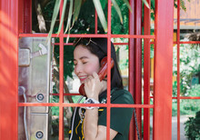 Lady Phone In Red Public Telephone Booth Vintage Old