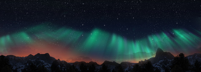 A beautiful green aurora dancing over the hills, panorama view.
