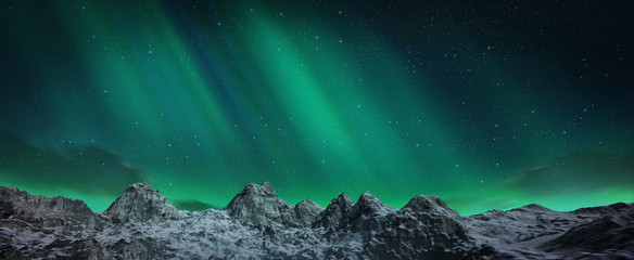 a beautiful green aurora dancing over the hills, panorama view.
