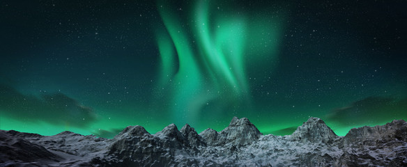 Wall Mural - a beautiful green aurora dancing over the hills, panorama view.