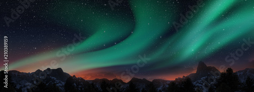 Fotomural A beautiful green aurora dancing over the hills, panorama view.