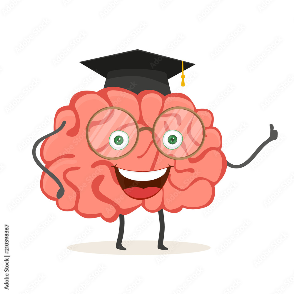 Cartoon character brain with glasses and academic hat. Vector ...