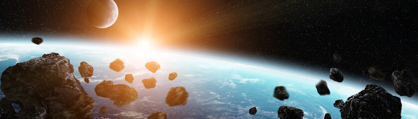 Wall Mural - panoramic view of planet earth with asteroids flying close 3d rendering elements of this image furni