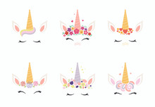 Set Of Different Cute Funny Unicorn Face Cake Decorations. Isolated Objects On White Background. Flat Style Design. Concept For Children Print.