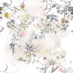 Watercolor painting of leaf and flowers, seamless pattern on white background