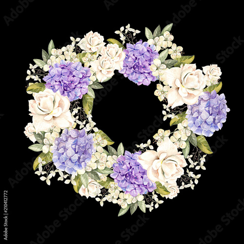 Beautiful, bright watercolor wreath with roses and hudrangea.