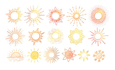 colored doodle sketches of sun on white background