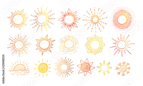Cuadros en Lienzo Colored Doodle sketches of sun on white background