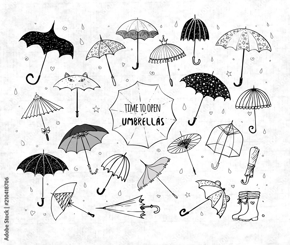 Set of doodle sketch umbrellas on rice paper background - obrazy, fototapety, plakaty 