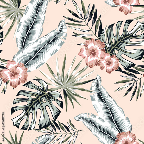 Nowoczesny obraz na płótnie Pink hibiscus and banana, monstera palm leaves blush background. Vector seamless pattern. Tropical jungle foliage illustration. Exotic plants greenery. Summer beach floral design. Paradise nature.