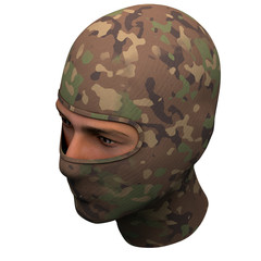 Wall Mural - Camo Balaclava mask. Equipment for army and special forces or winter sport. Camouflage woodland color. Perspective view. 3D render illustration Isolated on white background.