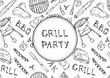 © Nika Novikova - Seamless Pattern of Summer BBQ Grill Party. Steak, Sausage, Barbeque Grid, Tongs, Fork, Fire, Ketchup. Hand Drawn Vector Illustration. Doodle Style.