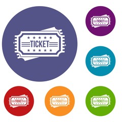Sticker - Ticket icons set in flat circle reb, blue and green color for web