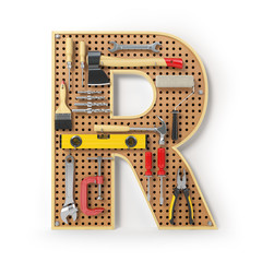 Wall Mural - Letter R. Alphabet from the tools on the metal pegboard isolated on white.