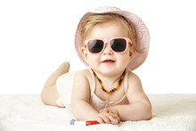 
Studio Portrait Of Adorable Baby Girl Wearing Pink Plastic Sunglasses, Isolated On The White Background, Summer Vacation Concept