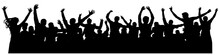 Crowd Cheerful People Silhouette. Joyful Mob. Happy Group Of Young People Dancing At Musical Party, Concert, Disco. Sports Fans, Applause, Cheering. Vector On White Background. Celebrating Dancing