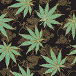 Cannabis or Marijuana leaves in green and gold. Hand drawn seamless pattern in vector format.

