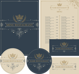 Wall Mural - Vector set of design elements for a cafe or restaurant in baroque style with hand drawn crown in beige and dark grey colors. Menu cover, price list, stands for drinks and business cards