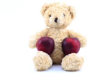 teddy bear and red apple on a white background.