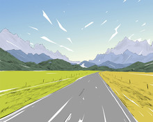 New Zealand.Road Among The Mountains. Beautiful Landscape. Hand Drawn Vector Illustration.