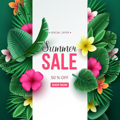 Summer sale background with tropical flowers and palm leaves. Vector illustration.