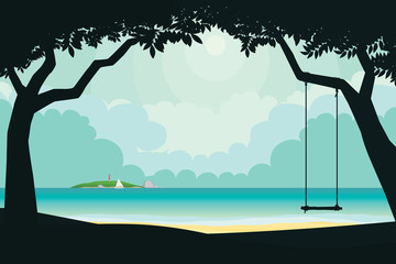 Wall Mural - Scenery of seaside and summer beach landscape. Vector seascape background