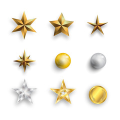 Canvas Print - Vector set of realistic metallic golden stars, pearls and golden coins isolated on white background. Realistic vector illustration.