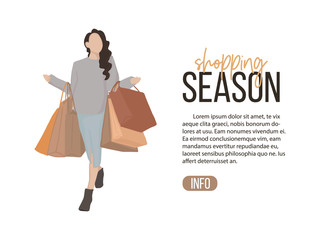 vector flat illustration girl on shopping. young stylish woman with lot of bags art. modern weekend 