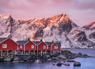Wall Mural - houses in the lofoten islands bay. natural landscape during sunrise