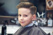 European boy in a barber shop. Ready work.