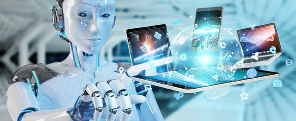 Poster - white cyborg connecting devices together 3d rendering