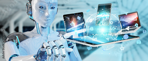 Fotografía White cyborg connecting devices together 3D rendering