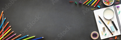 Fotografía Back to School Concept with Stationery Supplies and Blackboard