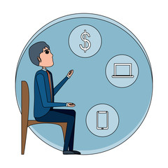 Wall Mural - businessman sitting on a chair and related icons around over white background, vector illustration