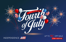 Independence Day USA Sale Promotion Banner Template American Balloons Flag And Colorful Fireworks Decor.4th Of July Celebration Poster Template.fourth Of July Voucher Discount.Vector Illustration .