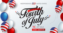 Independence Day USA Sale Promotion Banner Template American Balloons Flag And Colorful Fireworks Decor.4th Of July Celebration Poster Template.fourth Of July Voucher Discount.Vector Illustration .