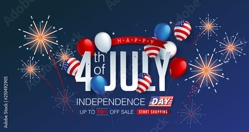 Fotografía Independence day USA sale promotion banner template american balloons flag and Colorful Fireworks decor