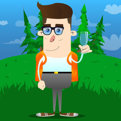 Schoolboy with a glass of water. Vector cartoon character illustration.