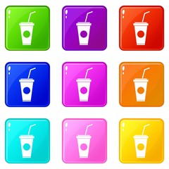 Poster - Paper cup with straw icons of 9 color set isolated vector illustration
