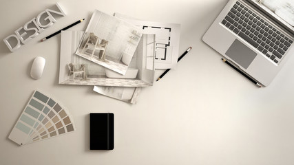 Aufkleber - Architect designer concept, white work desk with computer, paper draft, bedroom project images and blueprint. Sample color material palette, creative background idea with copy space