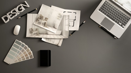 Aufkleber - Architect designer concept, gray work desk with computer, paper draft, bedroom project images and blueprint. Sample color material palette, creative background idea with copy space