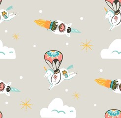  Hand drawn vector abstract graphic creative artistic cartoon illustrations seamless pattern with astronaut unicorns with old school tattoo,stars,parachute and spaceship isolated on pastel background
