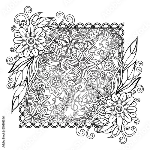 Adult coloring page with flowers pattern. Black and white ...