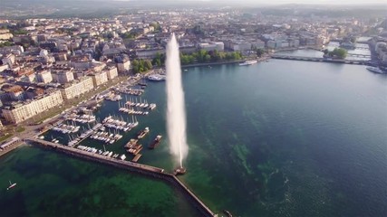 Wall Mural - 4K ungraded Aerial footage of Geneva city   water fountain in Switzerland - UHD 